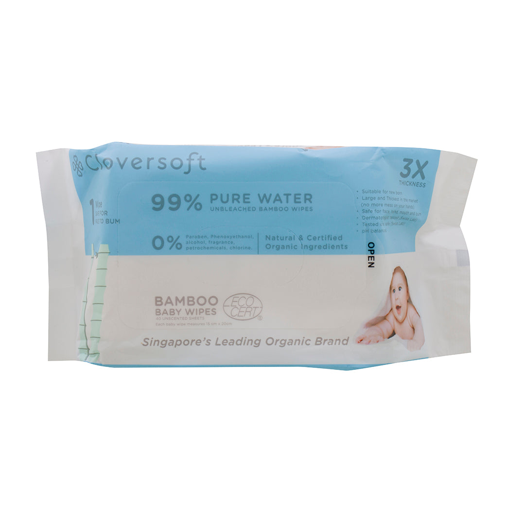 Unbleached Bamboo Pure Water Travel Baby Wipes 40 Sheets (Value Bundle of 10 packs)